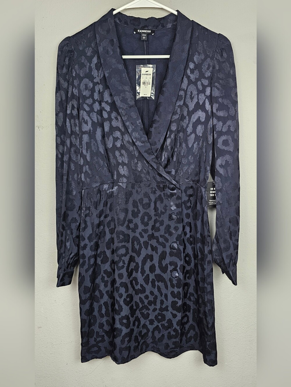 NWT Express Navy Animal Print Satin Jacquard Wrap Blazer Mini Dress - Size Small